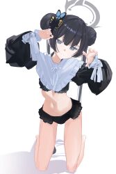  1girl absurdres bare_legs belly black_hair blue_archive chinese_commentary commentary_request daishu_yuzishi double_bun grey_eyes grey_halo hair_bun halo highres kisaki_(blue_archive) kneeing long_hair long_sleeves looking_at_viewer maid on_bed shadow skirt smile solo solo_focus twintails white_background 