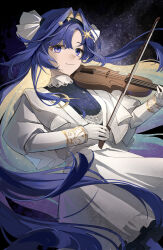  1girl absurdres blonde_hair blue_eyes blue_hair bow_(music) chinese_commentary closed_mouth colored_inner_hair commentary_request dress floating_hair gloves hair_intakes hair_ornament highres holding holding_bow_(music) holding_instrument holding_violin instrument juliet_sleeves long_hair long_sleeves looking_at_viewer multicolored_hair music playing_instrument puffy_sleeves ranla reverse:1999 short_dress smile solo star_(sky) star_(symbol) star_hair_ornament starry_sky_background upper_body very_long_hair violin voyager_(reverse:1999) white_dress white_gloves 