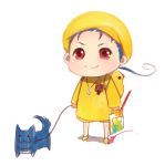  :3 bag blue_hair carnival_phantasm chibi coat dog fate/stay_night fate_(series) grail-kun hat jewelry kawells lancer leash male necklace ponytail red_eyes solo white_background 