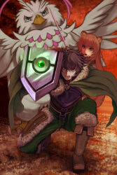  1boy 1girl absurdres animal_ear_fluff animal_ears armor belt black_belt black_dress black_hair black_shirt boots brown_armor brown_boots brown_hair brown_shirt chest_guard cloak collared_shirt commentary_request constricted_pupils dress filo_(filolial_form)_(tate_no_yuusha_no_nariagari) filo_(tate_no_yuusha_no_nariagari) fur-trimmed_armor fur-trimmed_boots fur-trimmed_collar fur-trimmed_gloves fur_trim gloves green_cloak green_eyes grey_armor high_collar highres holding holding_shield holding_sword holding_weapon iwatani_naofumi kiyo_(a_sam_ko) knee_boots layered_dress layered_shirt leather leather_armor leather_boots legendary_shield_(small_shield)_(tate_no_yuusha_no_nariagari) legendary_shield_(tate_no_yuusha_no_nariagari) long_hair long_sleeves looking_at_viewer messy_hair neck_ribbon on_one_knee open_collar open_mouth pinstripe_dress pinstripe_pattern raccoon_ears raccoon_girl raccoon_tail raphtalia red_eyes red_ribbon ribbon shield shirt shirt_belt short_hair sleeveless sleeveless_dress straight_hair sword tail tassets tate_no_yuusha_no_nariagari teeth tongue v-shaped_eyebrows weapon white_dress white_trim yellow_trim 