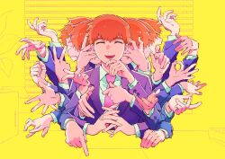  1boy arms_up blonde_hair buttoned_cuffs buttons clenched_hand closed_eyes desk extra_arms grey_jacket grey_suit hand_on_own_chin hands_up highres inward_v jacket male_focus mob_psycho_100 multiple_views necktie ok_sign open_mouth own_hands_together pink_necktie pointing reigen_arataka sleepisnguang smile snapping_fingers solo straight-on suit v yellow_background 