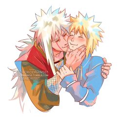  2boys affectionate blonde_hair facial_mark flak_jacket highres jacket jiraiya_(naruto) kokodrawings long_hair male_focus multiple_boys namikaze_minato naruto_(series) ponytail spiky_hair teacher_and_student whisker_markings white_hair 