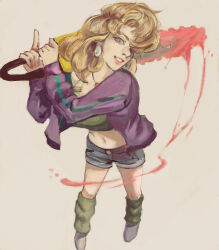  1girl aughtsix blonde_hair blonney blue_eyes blue_shorts chainsaw from_above full_body green_leg_warmers green_sports_bra grey_background grin holding holding_chainsaw jacket leg_warmers legs_apart long_hair looking_at_viewer navel over_shoulder pink_liquid purple_jacket reverse:1999 shoes shorts smile solo sports_bra standing two-handed weapon weapon_over_shoulder white_shoes 