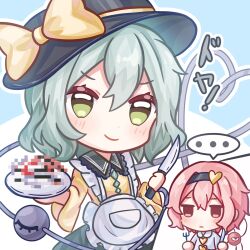  ... 2girls apron black_hat blush bow buttons censored censored_food chibi closed_mouth collared_shirt commentary_request contrast_collar diamond_button fork frilled_shirt_collar frills green_eyes green_hair green_skirt hands_up hat hat_bow heart heart_button heart_of_string highres holding holding_fork holding_knife holding_plate kikuka knife komeiji_koishi komeiji_satori long_sleeves looking_at_viewer maid_apron mosaic_censoring multiple_girls outline pink_eyes pink_hair plate shirt skirt smile speech_bubble third_eye touhou waist_apron white_apron white_outline yellow_bow yellow_shirt 