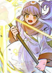  1girl bag blush bruise bruise_on_face commentary_request dragon_quest dragon_quest_ii dress feet_out_of_frame fighting_stance floating_hair highres holding holding_staff hood injury light_particles long_hair long_sleeves looking_at_viewer magic mouyi open_mouth princess_of_moonbrook purple_hair robe shoulder_bag solo staff tears watermark white_dress white_robe 