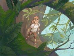  1girl bag branch brown_bag brown_pants brown_sandals commentary english_commentary full_body greekceltic green_eyes jacky_(greekceltic) looking_up medium_hair on_branch orange_hair original outdoors pants ponytail sandals school_bag shirt solo tail tree white_shirt 