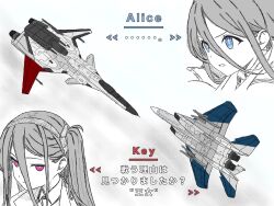  2girls ace_combat ace_combat_zero adfx-02_morgan aerial_battle aircraft airplane aris_(blue_archive) battle blue_archive blue_eyes cipher_(ace_combat) commentary_request dogfight f-15_eagle fighter_jet hair_between_eyes highres kei_(blue_archive) larry_foulke limited_palette long_hair long_hair_between_eyes military_vehicle multiple_girls side_ponytail tomatama014 translation_request violet_eyes 