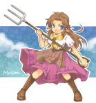  apron blue_eyes boots brown_hair character_name cross-laced_footwear knee_boots lace-up_boots long_hair long_skirt malon neckerchief nintendo ocarina_of_time pitchfork pointy_ears skirt solo the_legend_of_zelda yoya0503 