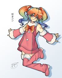  1girl arm_tattoo bare_shoulders boots bow buttons character_name closed_mouth detached_sleeves dress fur-trimmed_boots fur-trimmed_shirt fur-trimmed_sleeves fur_trim hair_ornament hair_scrunchie headphones highres looking_at_viewer medium_hair multicolored_hair nijine_fuwa orange_bow pink_boots pink_dress pink_eyes rainbow_hair scrunchie shirt sidelocks signature smile solo tattoo thigh_boots treebarkagain twintails utau white_background white_scrunchie 