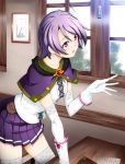  1girl ahoge capelet elbow_gloves gloves halcyon leaning_forward original parted_lips purple_hair red_eyes short_hair skirt solo thigh-highs thighhighs zettai_ryouiki 