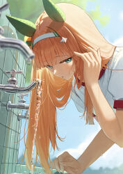  1girl absurdres animal_ears day faucet green_eyes hair_ornament hairband highres long_hair looking_at_viewer ningen_gokko orange_hair outdoors shirt short_sleeves silence_suzuka_(umamusume) solo third-party_source umamusume water wet white_hairband white_shirt 