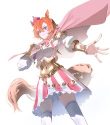  1girl absurdres animal_ears armor breasts cape commentary_request crown fingerless_gloves gloves gold_corset hair_between_eyes highres horse_ears horse_girl horse_tail jewelry long_sleeves looking_at_viewer medium_breasts mini_crown multiple_rings nakuyana421 orange_hair orange_tail parted_lips pink_cape pink_crown ring shirt short_hair shoulder_armor simple_background single_fingerless_glove skirt smile solo t.m._opera_o_(o_sole_suo!)_(umamusume) t.m._opera_o_(umamusume) tail thigh-highs two-tone_skirt umamusume violet_eyes white_shirt white_thighhighs 