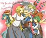  4girls ahoge akasata antennae aqua_eyes aqua_hair ascot backpack bag blonde_hair blush bridal_gauntlets cape chain chains choker collarbone dress english fang flandre_scarlet glasses green_eyes green_hair hair_bobbles hair_ornament hat horn hoshiguma_yuugi hug kappa kawashiro_nitori long_hair long_skirt long_sleeves miniskirt morichika_rinnosuke multiple_girls oni open_mouth pouch randoseru red_dress red_eyes sake short_hair short_sleeves shy side_ponytail silver_hair skirt smile sweatdrop touhou twintails vampire wings wriggle_nightbug yellow_eyes 