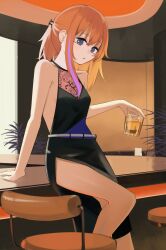 1girl alternate_costume arm_support black_dress blue_eyes breasts commentary_request cup dress drink girls_frontline halter_dress halterneck highres hinami047 holding holding_cup indoors long_hair looking_at_viewer multicolored_hair open_mouth orange_hair purple_hair small_breasts solo st_ar-15_(girls'_frontline) stool streaked_hair two-tone_hair 