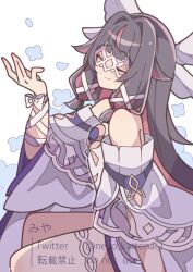  1girl absurdres bare_legs bare_shoulders black_hair blue_flower bow closed_eyes closed_mouth columbina_(genshin_impact) commentary_request dress eye_mask flower from_side genshin_impact hair_ornament hair_ribbon head_wings highres long_hair mask multicolored_hair multiple_wings neko_kattenai_i purple_hair purple_streaks ribbon simple_background smile solo streaked_hair two-tone_hair very_long_hair white_background white_bow white_dress white_wings wing_hair_ornament wings wrist_bow x-shaped_eyewear 