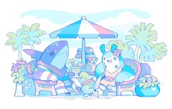  alt_text beach_umbrella blue_shirt chair coconut coconut_cup commentary dress drink english_commentary flower frown fruit_as_cup hibiscus highres holding holding_drink incoming_gift long_hair mantine no_humans o_o open_mouth outdoors palm_tree pastel_colors plant pokemon pokemon_(creature) potted_plant red_eyes red_flower remoraid requinoesis sharpedo shirt simple_background sitting smile striped_clothes striped_shirt table tree umbrella white_background white_shirt wicker_furniture yellow_dress 