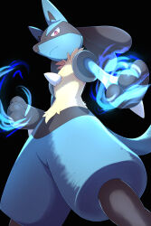  1other black_background closed_mouth commentary from_below frown furry glowing_hands highres legs_apart looking_down lucario pokemon pokemon_(creature) pokemon_focus rumine_(yoshi1234567) simple_background solo violet_eyes 