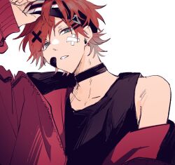  1boy adjusting_clothes adjusting_headwear alternate_costume arm_up bandaid bandaid_on_face black_choker black_headband black_tank_top choker crossed_bandaids hair_between_eyes headband highres jacket lauren_iroas lilicho looking_at_viewer nijisanji open_clothes open_jacket parted_lips red_hair red_jacket short_hair simple_background solo tank_top upper_body virtual_youtuber white_background 