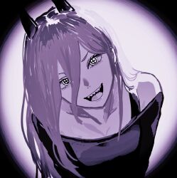  1girl bra_strap chainsaw_man cross-shaped_pupils demon_girl demon_horns hair_between_eyes horns long_hair monochrome off-shoulder_shirt off_shoulder portrait power_(chainsaw_man) sharp_teeth shirt simple_background symbol-shaped_pupils teeth 