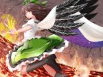  arm_cannon bow brown_hair cape excel_(shena) grey_eyes hair_bow highres long_hair reiuji_utsuho silver_eyes smile solo touhou weapon wings 