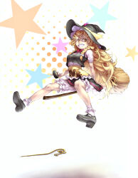  1girl averting_eyes black_hat black_shoes black_skirt black_vest bloomers bow braid broom broom_riding commentary_request floating frilled_skirt frilled_socks frills full_body grin hair_bow hat highres holding holding_broom kirisame_marisa long_hair looking_to_the_side mary_janes mini-hakkero parted_lips puffy_short_sleeves puffy_sleeves shirt shoes short_sleeves single_braid skirt skirt_set smile socks solo star_(symbol) touhou vest wakichimiu white_background white_bloomers white_bow white_shirt white_socks witch_hat yellow_eyes 