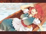  breasts hair_bobbles hair_ornament happy_birthday huge_breasts letterboxed noiseplus onozuka_komachi open_mouth red_eyes red_hair redhead short_hair solo touhou twintails water 