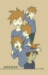  4boys brown_hair closed_eyes crying lanyard long_sleeves looking_at_viewer multiple_boys multiple_persona ookido_green ookido_green_(classic) pointing pointing_at_viewer pokemon pokemon_(game) pokemon_rgby sepia_background smug spiked_hair standing tears two-finger_salute 