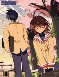  1boy 1girl =_= antenna_hair bag bendedede blue_hair blue_pants briefcase brown_hair bug butterfly cameo cherry_blossoms clannad closed_eyes closed_mouth clouds commentary english_commentary facing_away facing_viewer furukawa_nagisa hair_ornament highres hikarizaka_private_high_school_uniform jacket kirby_(series) morpho_knight morpho_knight_(butterfly) okazaki_tomoya outdoors pants pleated_skirt sailor_collar school school_bag school_briefcase school_uniform short_hair sketch skirt sky sleeve_cuffs sunset sweatdrop translation_request tree white_sailor_collar wind yellow_jacket 