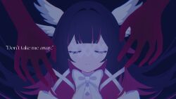  1girl absurdres black_hair bow bowtie closed_eyes closed_mouth colored_extremities columbina_(genshin_impact) dark_background english_text eye_mask fuminshou_(nekopan_art) genshin_impact hair_ornament hair_ribbon head_wings highres long_hair mask multicolored_hair multiple_wings portrait purple_hair purple_streaks red_hands ribbon simple_background solo streaked_hair tears two-tone_hair very_long_hair white_bow white_wings wing_hair_ornament wings x-shaped_eyewear 