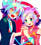  1boy 1girl animal_ears blue_hair brother_and_sister bust collar detached_sleeves fubuki_atsuya fubuki_shirou genderswap green_eyes holding_hands inazuma_eleven inazuma_eleven_(series) japanese_clothes kimono komusun leash malesub open_mouth orange_eyes siblings unmoving_pattern 