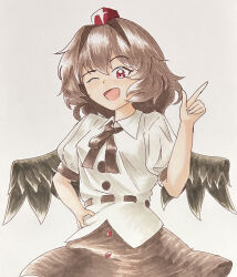  1girl absurdres black_feathers black_hair black_skirt commentary english_commentary feathers hand_on_own_hip hat highres index_finger_raised looking_at_viewer marker_(medium) medium_hair one_eye_closed open_mouth puffy_short_sleeves puffy_sleeves red_eyes red_hat shameimaru_aya shira_wind shirt short_sleeves simple_background skirt solo tokin_hat touhou traditional_media white_background white_shirt 