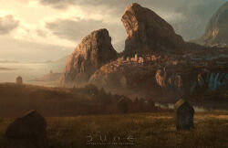  chinese_commentary clouds cloudy_sky commentary day dune_(2021_movie) dune_(series) english_text flock grass graveyard highres hill landscape logo mountain no_humans ocean outdoors painterly sky sunlight tombstone town tree water zhongjusun 