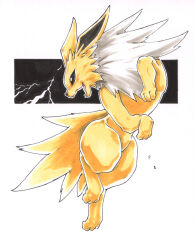  black_eyes commentary_request full_body jolteon jumping marker_(medium) no_humans open_mouth pokemon pokemon_(creature) rx79v solo traditional_media 