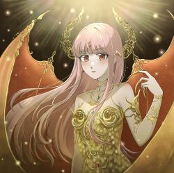  1girl armor bare_shoulders black_background brown_eyes commentary dot_nose dragon_&amp;_dream_of_gold_(shining_nikki) dragon_girl dragon_horns dress earrings eggshell english_commentary expressionless eyelashes fake_claws fake_horns forehead_jewel gem gold_necklace hand_up highres horns jewelry light_blush light_particles lips long_hair long_sidelocks looking_at_viewer necklace nikki_(nikki) nikki_(series) nonoberry22 oversized_object parted_lips pauldrons pink_hair pink_lips red_gem shining_nikki shoulder_armor sidelocks single_earring solo strapless strapless_dress upper_body very_long_hair wavy_hair wind yellow_dress yellow_horns 