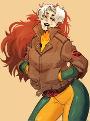  1girl bodysuit colored_bangs cupperexe green_bodysuit highres jacket leather leather_jacket marvel multicolored_bodysuit multicolored_hair rogue_(x-men) superhero_costume two-tone_bodysuit two-tone_hair x-men yellow_bodysuit 