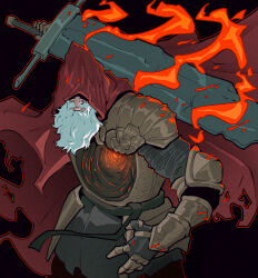  1boy absurdres armor beard breastplate broken broken_sword broken_weapon cape chipped_sword dark_souls_(series) dark_souls_iii facial_hair gauntlets highres holding holding_sword holding_weapon hole_in_chest hole_on_body hood hood_over_eyes hood_up knight long_beard male_focus mustakro6 pauldrons plate_armor red_cape red_hood shoulder_armor slave_knight_gael solo standing sword weapon 