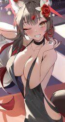  1girl animal_ear_fluff animal_ears beach blue_archive blush breasts commentary_request flower fox_ears fox_girl hair_flower hair_ornament halo highres large_breasts long_hair looking_at_viewer lying nail_polish nightgown official_alternate_costume on_side one_eye_closed red_flower red_halo red_rose rose solo udonpan wakamo_(blue_archive) yellow_eyes 