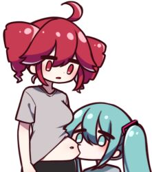  2girls ahoge aqua_eyes aqua_hair belly black_pants chibi chibi_only drill_hair fat_joke grey_shirt hair_between_eyes hair_ornament hatsune_miku highres kasane_teto multiple_girls navel open_mouth otu_(o2h2_oh4) pants red_eyes red_hair shirt simple_background standing stomach thick_eyebrows twin_drills twintails utau vocaloid white_background 