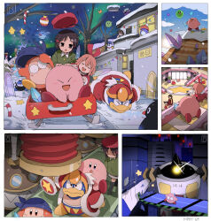 2girls 3boys adeleine bandana bandana_waddle_dee bare_tree bendedede bird black_eyes black_hair blue_bandana blush bow candy candy_cane character_counter_request character_request chilly_(kirby) christmas_lights christmas_ornaments closed_eyes commentary english_commentary escalator food hair_bow highres house kirby kirby_(series) kirby_64 meta_knight mr._frosty multiple_boys multiple_girls open_mouth outdoors penguin pink_hair red_bow ribbon sled smile translation_request tree 