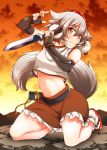  animal_ears elbow_gloves fingerless_gloves gloves hat hill holding holding_knife inubashiri_momiji kneeling knife kote looking_at_viewer midriff navel pom_pom_(clothes) red_eyes reverse_grip sandals sheath silver_hair skirt sky solo squatting tail tassel tokin_hat touhou twilight uousa wolf_ears wolf_tail 