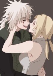  1boy 1girl blonde_hair commentary_request eye_contact face-to-face facial_mark flak_jacket forehead_mark green_jacket grey_kimono highres hug jacket japanese_clothes jiraiya_(naruto) kimono konohagakure_shinobi_uniform korean_commentary looking_at_another mature_female naruto_(series) nrt_sin tsunade_(naruto) 