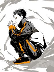  1boy black_hair black_pants closed_mouth from_side full_body hair_slicked_back highres jacket long_sleeves looking_to_the_side male_focus natsuki_subaru orange_eyes own_hands_together pants profile re:zero_kara_hajimeru_isekai_seikatsu shoes short_hair sideways_glance signature skrmy_rs sneakers solo spot_color squatting steepled_fingers track_jacket track_pants track_suit 