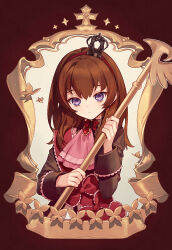  1girl aluce ascot black_dress border brown_hair closed_mouth commentary crown dress hairband highres holding holding_staff long_hair maria_(umineko) ornate_border outside_border purple_ascot red_border red_hairband solo staff umineko_no_naku_koro_ni untranslatable_commentary ushiromiya_maria violet_eyes 