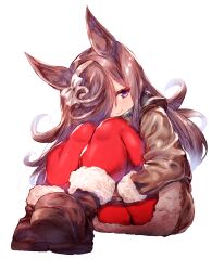  1girl alternate_costume animal_ears boots bow brown_boots brown_jacket closed_mouth commentary_request curled_up full_body fur-trimmed_boots fur-trimmed_jacket fur-trimmed_sleeves fur_trim green_scarf hair_bow hair_over_one_eye hairband horse_ears horse_girl hugging_own_legs jacket knees_up long_hair looking_at_viewer pantyhose plaid_clothes plaid_scarf red_pantyhose rice_shower_(umamusume) scarf simple_background sitting smile solo umamusume usapenpen2019 violet_eyes white_background white_bow white_hairband 