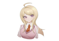  1girl ahoge akamatsu_kaede backpack bag blonde_hair breasts collared_shirt commentary_request cropped_torso danganronpa_(series) danganronpa_v3:_killing_harmony hair_ornament highres large_breasts long_hair long_sleeves musical_note musical_note_hair_ornament necktie nikuiro_no_i orange_necktie pink_sweater_vest shirt smile solo sweater_vest white_bag white_shirt 