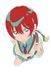  1girl absurdres amate_yuzuriha aqua_eyes aqua_shirt aqua_skirt bag blush breasts closed_mouth collared_shirt commentary_request gundam gundam_gquuuuuux highres holding i_can_friday_by_day! long_sleeves looking_at_viewer necktie open_mouth red_hair school_bag school_uniform shirt short_hair simple_background skirt solo sweater two-tone_necktie white_background youri_you_ri 