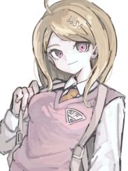 1girl ahoge akamatsu_kaede backpack bag blonde_hair breasts collared_shirt commentary_request danganronpa_(series) danganronpa_v3:_killing_harmony hair_ornament long_hair long_sleeves medium_breasts musical_note musical_note_hair_ornament necktie pink_eyes pink_sweater_vest shirt simple_background smile sweater_vest white_background yora_(srhcguy) 