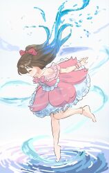  1girl barefoot blush bow brown_hair closed_eyes closed_mouth commentary_request cross-laced_clothes cross-laced_dress dress dress_bow expressionless frilled_dress frills full_body hair_bow highres leg_up liquid_hair love_live! love_live!_nijigasaki_high_school_idol_club off-shoulder_dress off_shoulder osaka_shizuku pink_bow pink_dress profile solo standing standing_on_liquid tanaka_yaku 