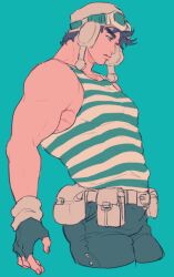  1boy bare_shoulders belt_pouch black_hair black_pants chuu_ni closed_mouth commentary_request cropped_legs fingerless_gloves from_side gloves goggles goggles_on_headwear hat jojo_no_kimyou_na_bouken joseph_joestar joseph_joestar_(young) looking_down male_focus pants pouch solo striped_tank_top tank_top thick_eyebrows white_hat 