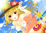  bare_shoulders beach bent_over bikini blonde_hair blush bracelet breasts cleavage cloud clouds cup flower food front-tie_top fruit hat hibiscus highres jewelry large_breasts leaning_forward long_hair looking_at_viewer open_mouth original outdoors red_eyes side-tie_bikini sky smile solo sparkle straw_hat swimsuit white_bikini yadapot 